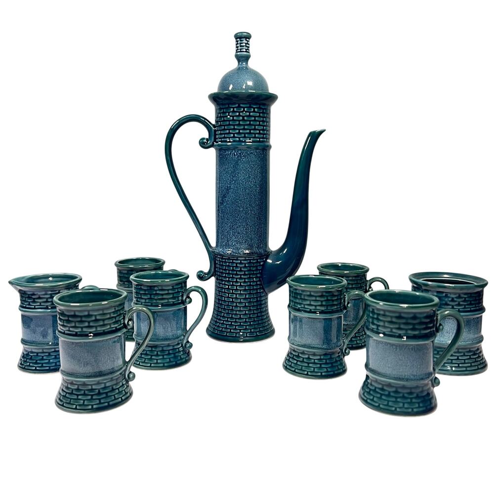 Vintage 70s Decorama Dallas Blue Ceramic Coffee Set Serves 6 Iberian MCM Style
